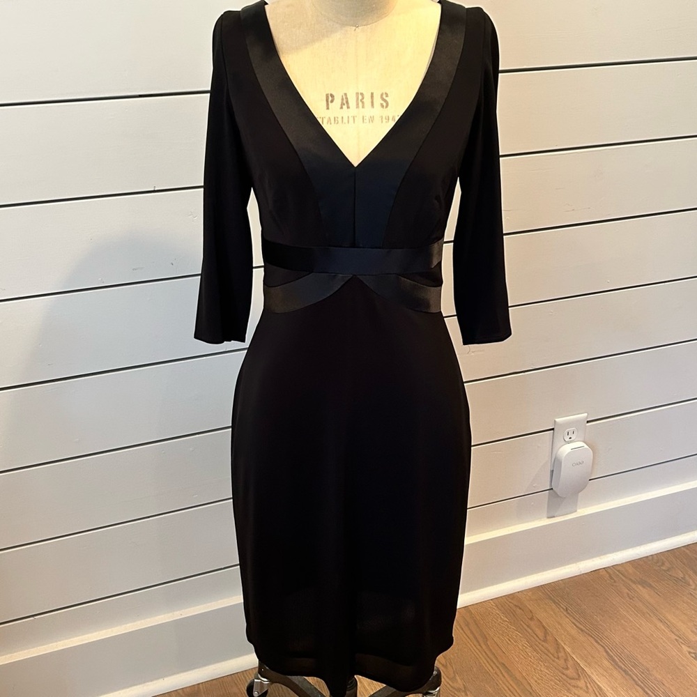 Kay Unger Black Cocktail Dress with Satin Accents and V-Front and Back. Size 12